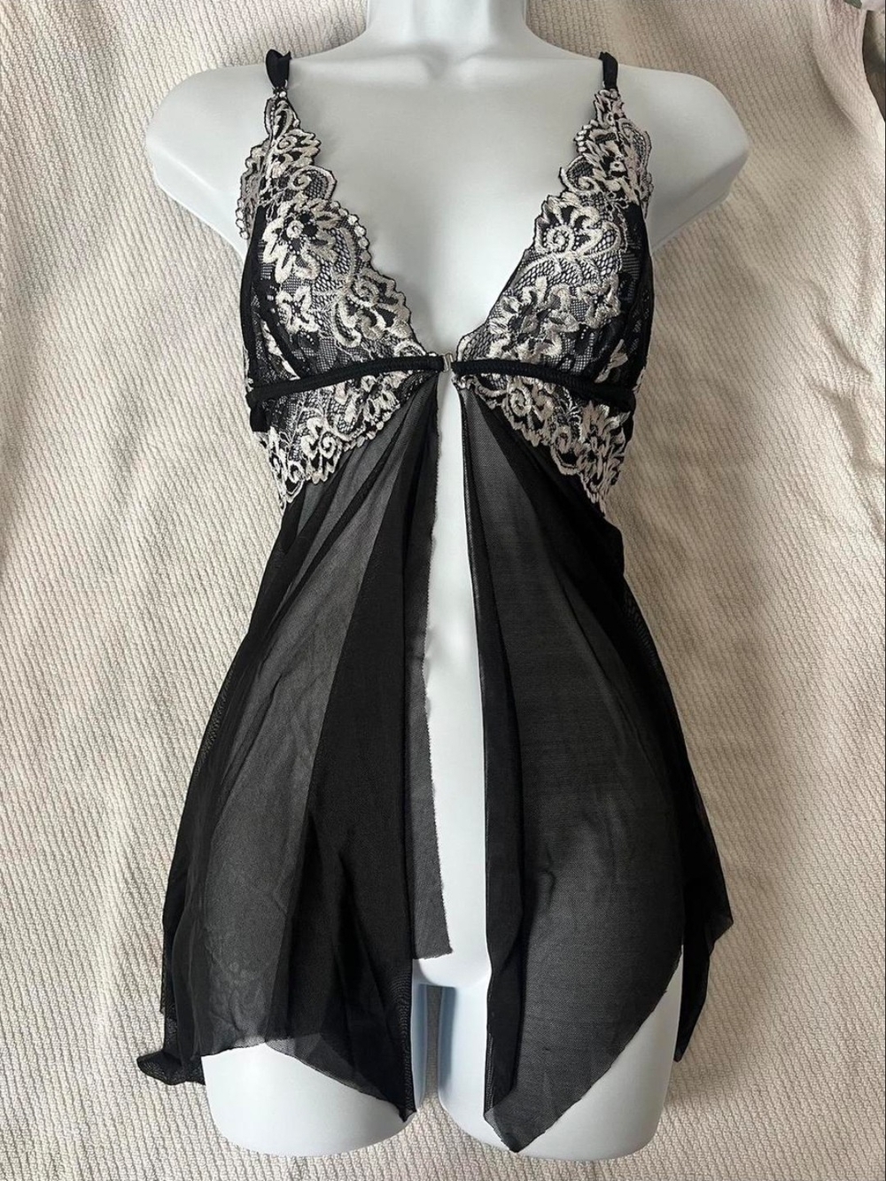 Black Lace & Sheer Mesh Babydoll Chemise with Ivory Embroidery